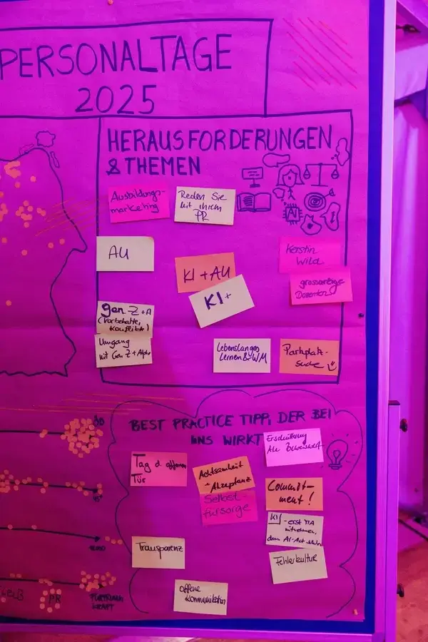 Interaktives Post-it-Board mit Hinweisen zu Herausforderungen und Themen sowie Best Practice Tipps aus der Praxis von den Teilnehmenden